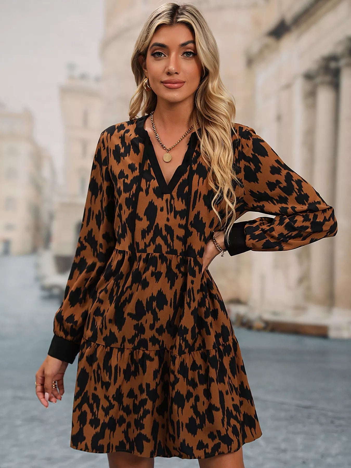 Leopard Tie Neck Long Sleeve Dress