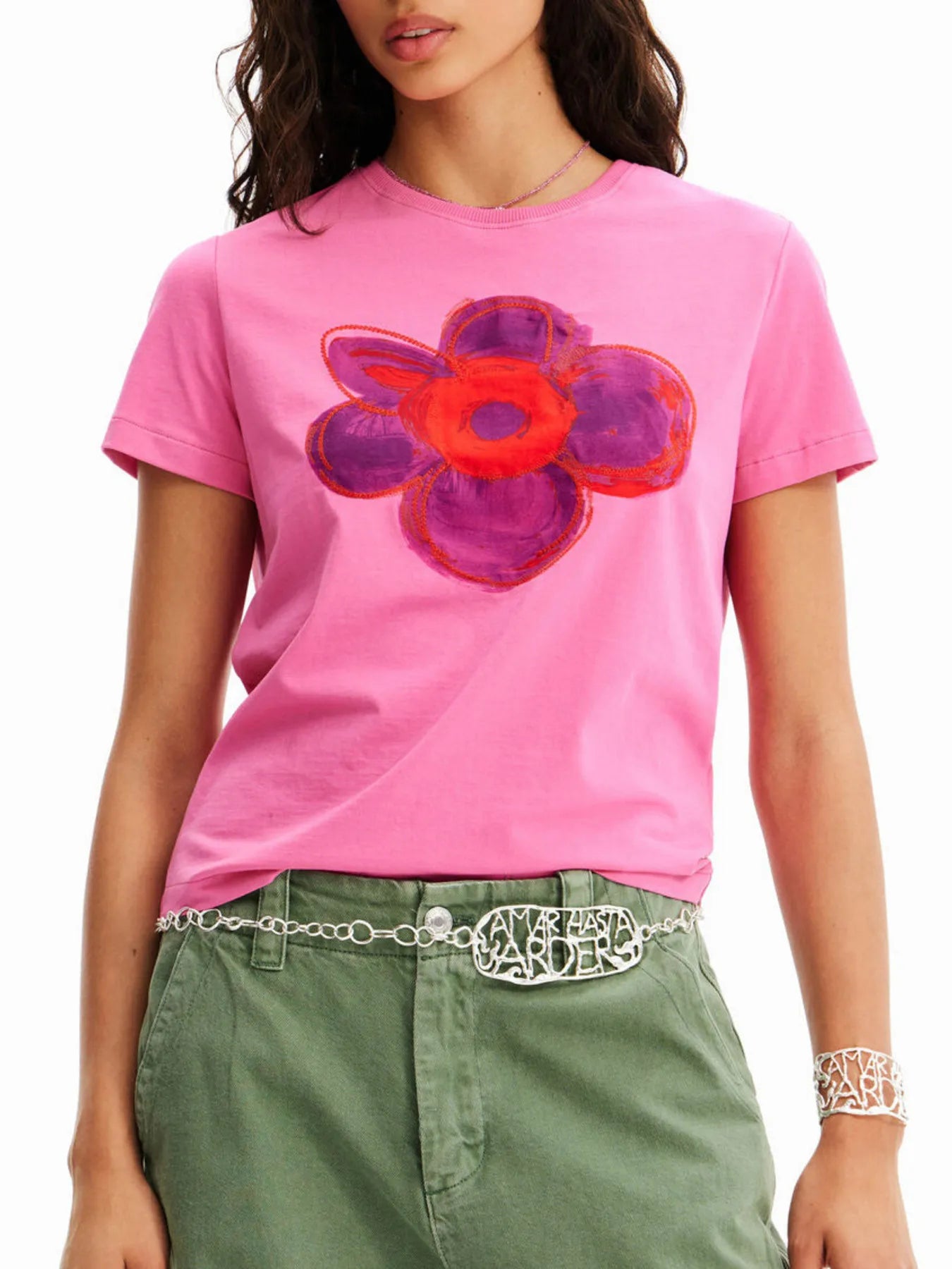 Flower Graphic Round Neck T-Shirt Pink