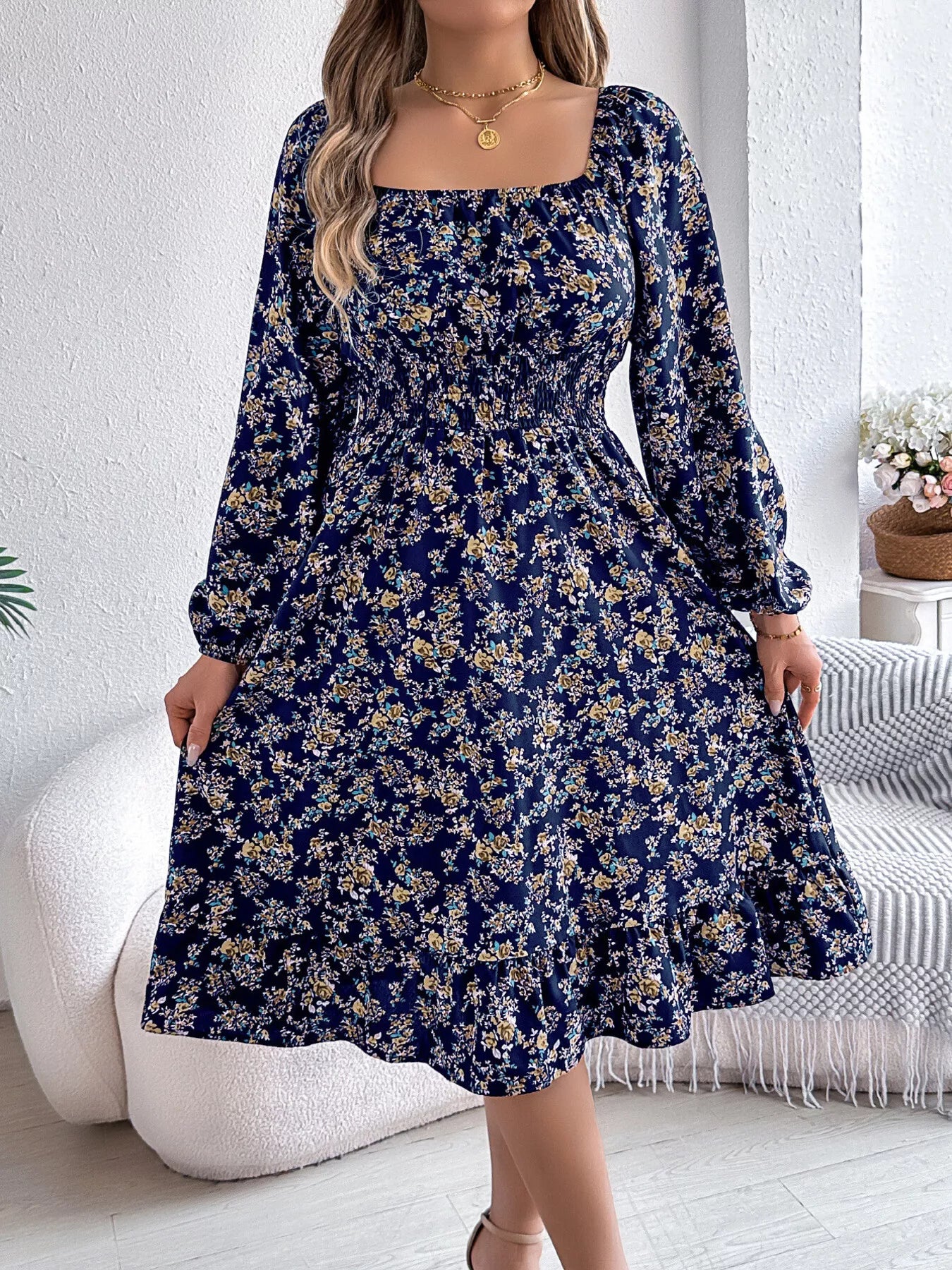 Floral Print Long Sleeve Square Neck Midi Dress Navy Blue