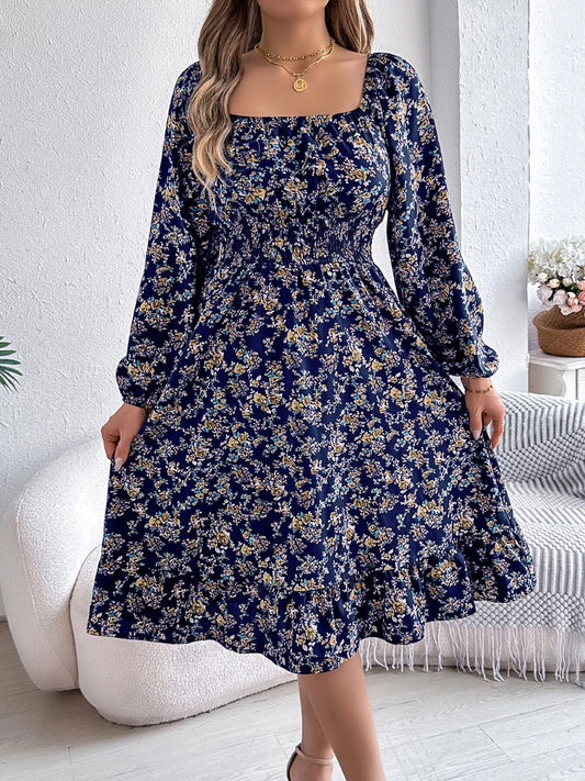 Floral Print Long Sleeve Square Neck Midi Dress Navy Blue