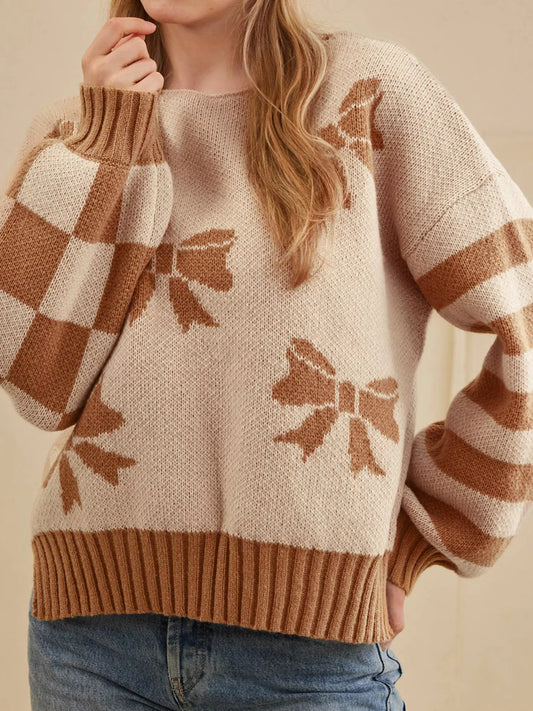 Ribbon Bow Checkered Striped Sleeve Drop Shoulder Sweater