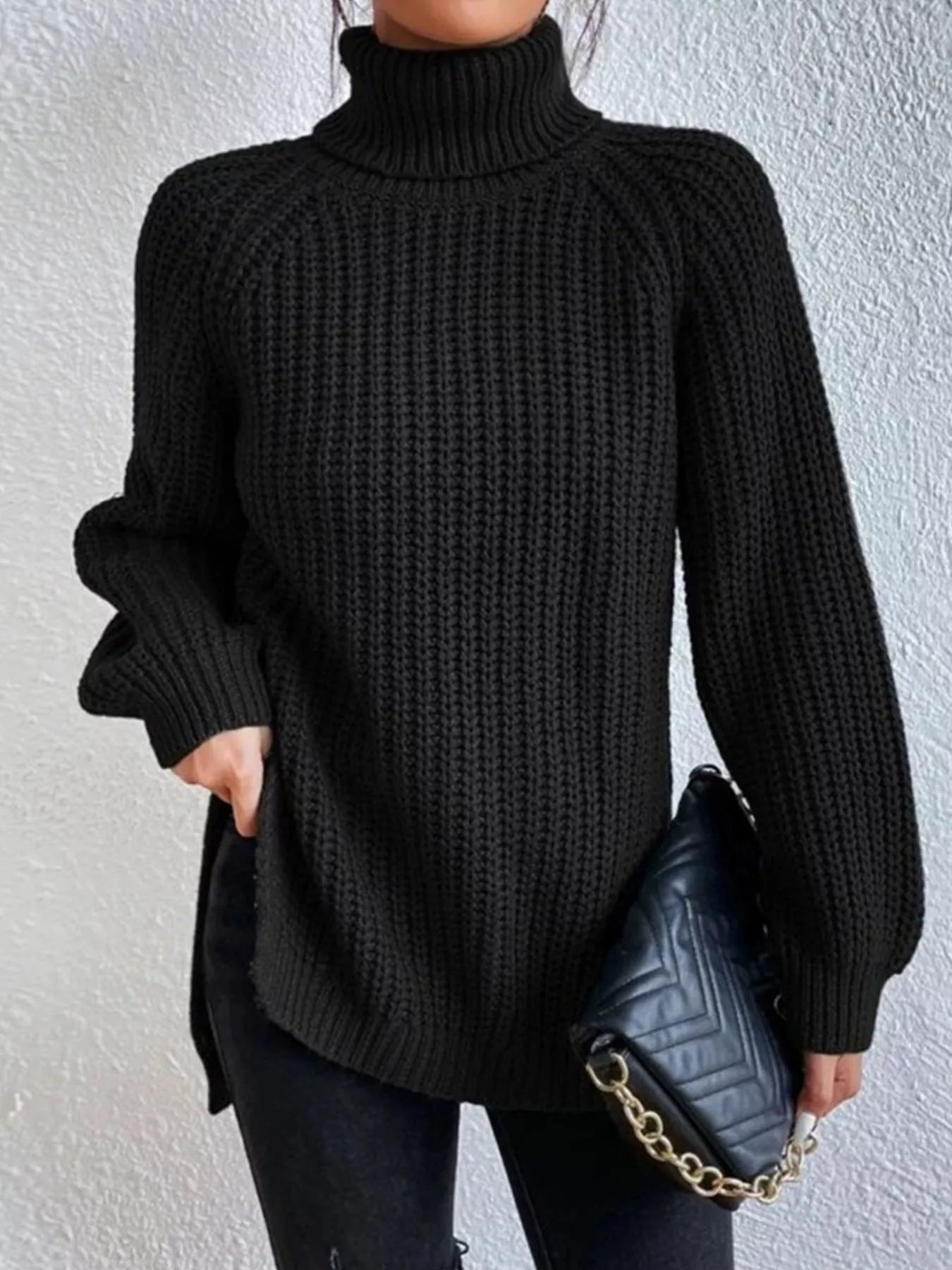 Full Size Turtleneck Long Sleeve Sweater Plus Size Black