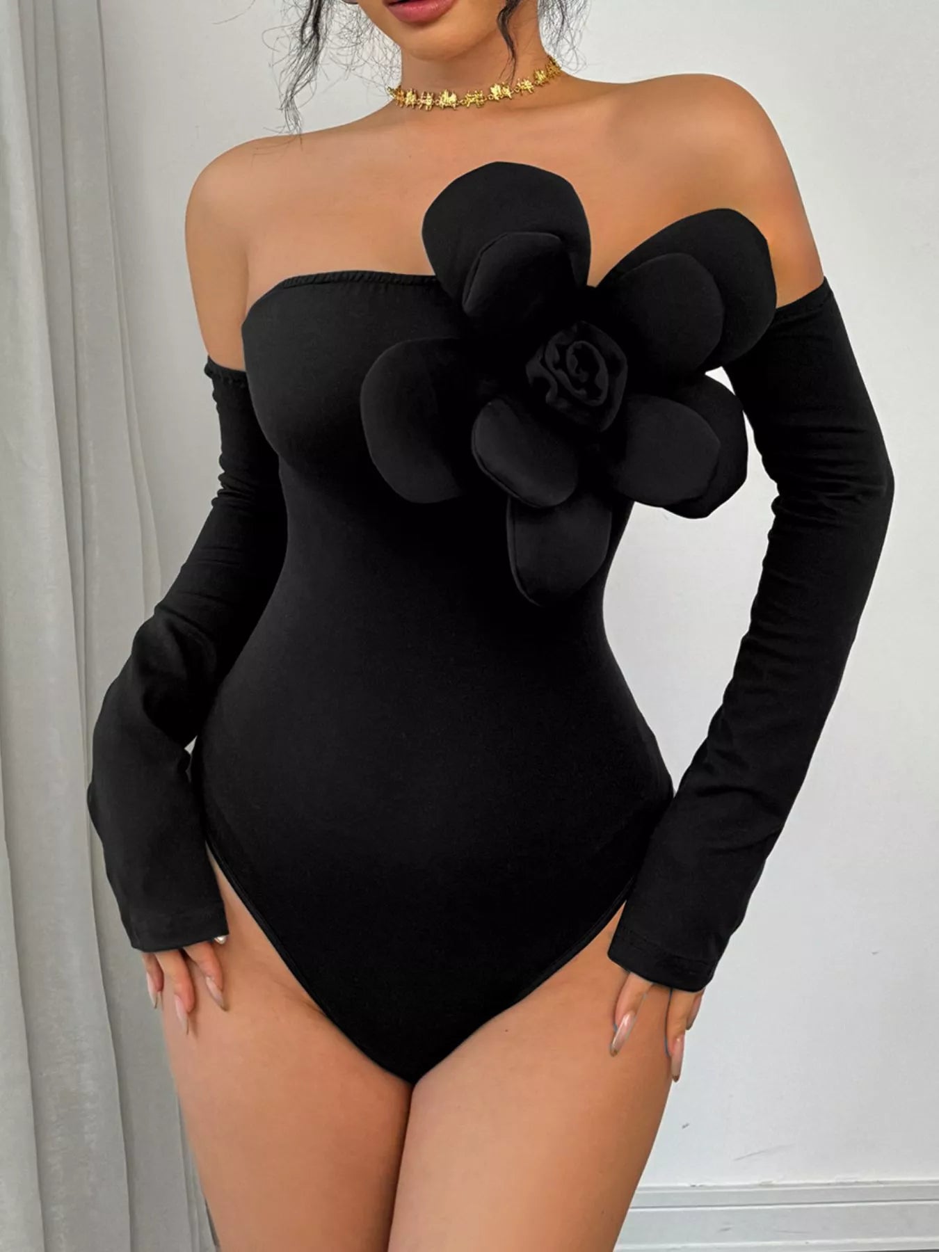 Flower Off-Shoulder Long Sleeve Bodysuit