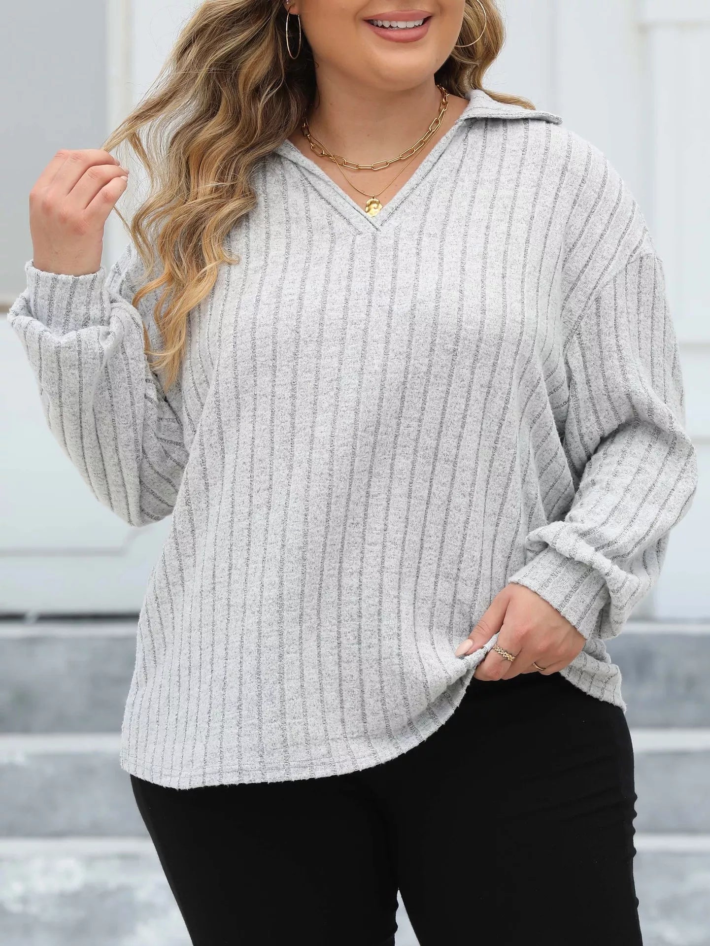 Plus Size Ribbed Knit Polo Collar T-Shirt