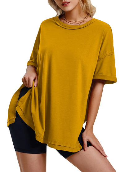 Full Size Oversized Drop Shoulder Side Slit T-Shirt Plus Size Mustard