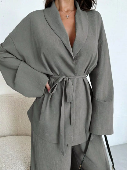 Front Tied Shirt and Wide-Leg Pants Set