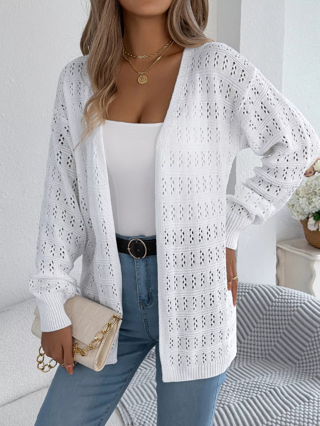 Open-Front Crochet Knit Cardigan White
