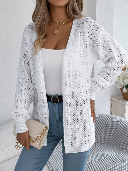 Open-Front Crochet Knit Cardigan White