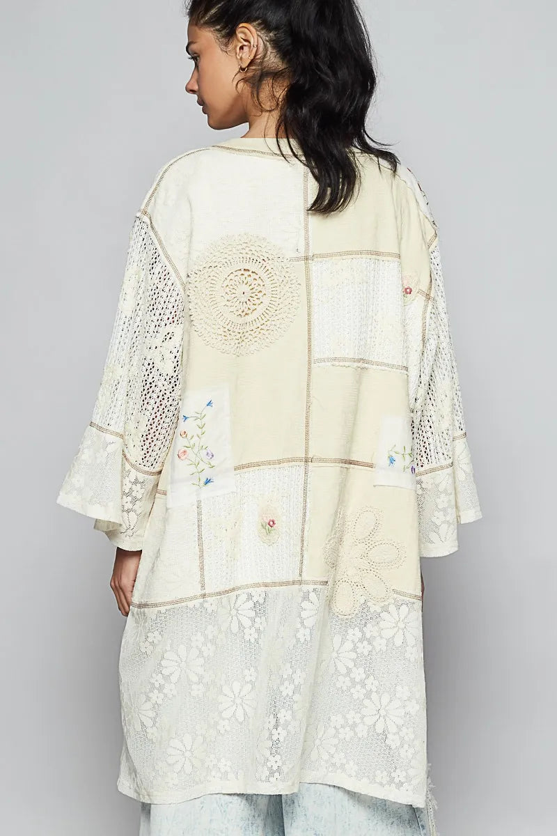 POL Double Gauze and Lace Mix Cardigan with Embroidered Detail
