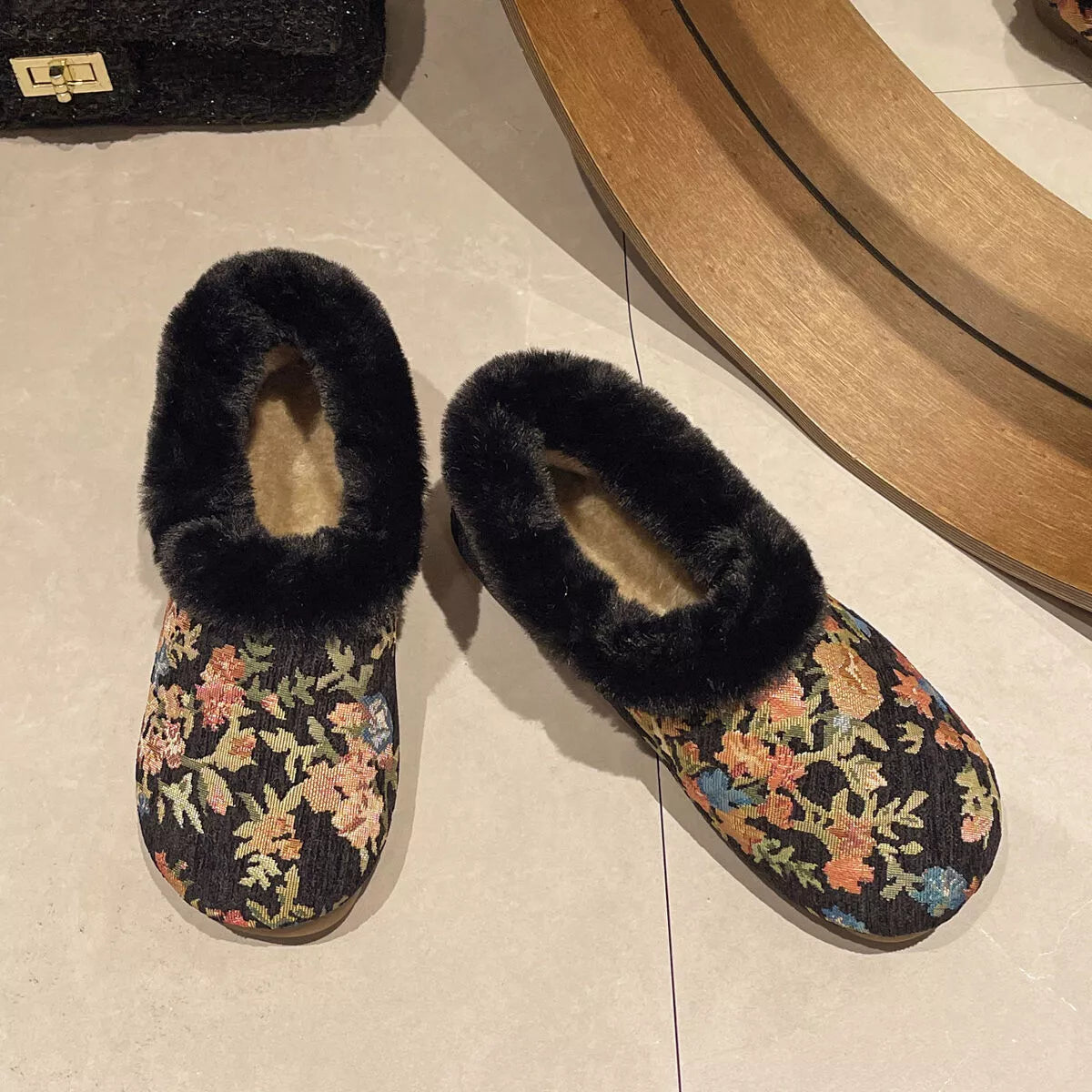 Floral Pattern Plush Lined Slip-Ons