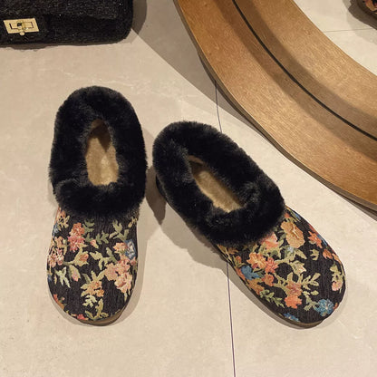 Floral Pattern Plush Lined Slip-Ons
