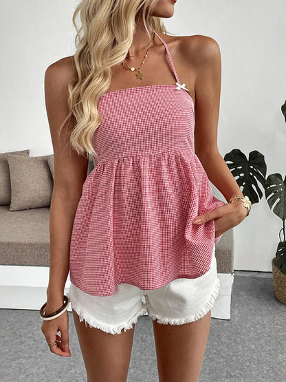 Gingham Halter Neck Cami Top Red