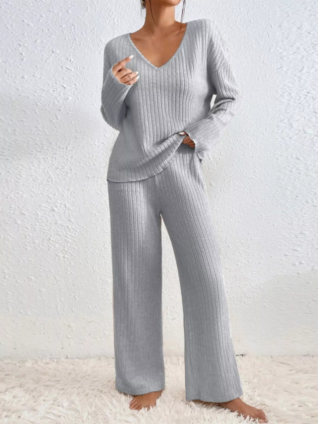 Ribbed V-Neck Top and Pants Set Light Gray