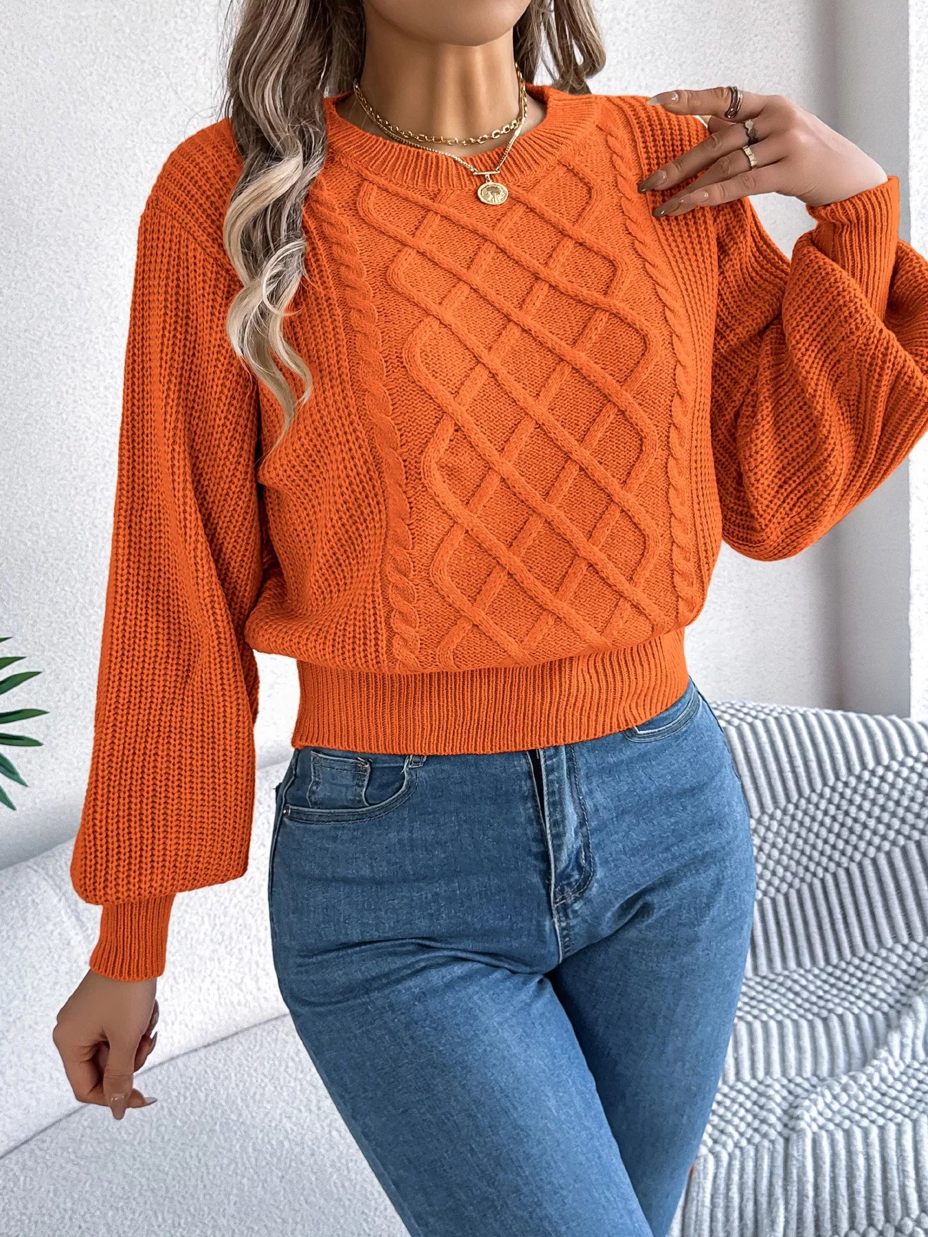 Cable Knit Diamond Pattern Long Sleeve Sweater Orange