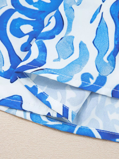 Printed Tie Split Neck Button Front Puff Sleeve Shirt