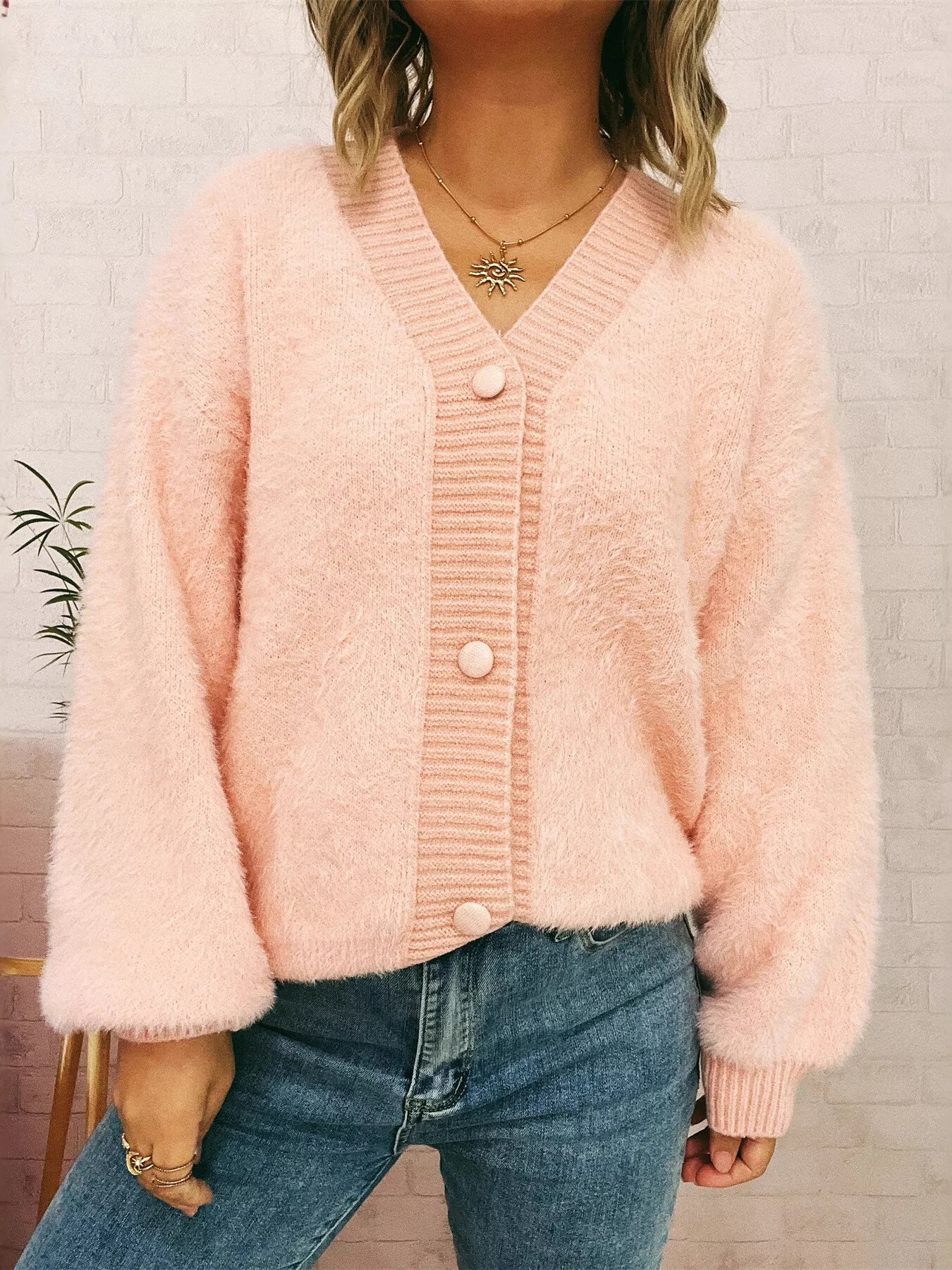 Fuzzy Button-Up Long Sleeve Cardigan