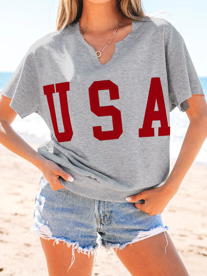 USA Lettering Patch Notched Neck T-Shirt