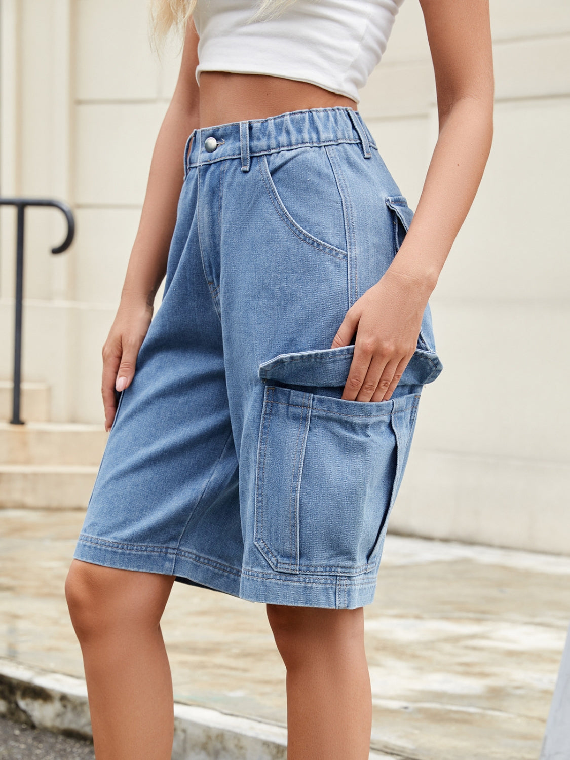 High Waist Denim Shorts with Pockets Medium