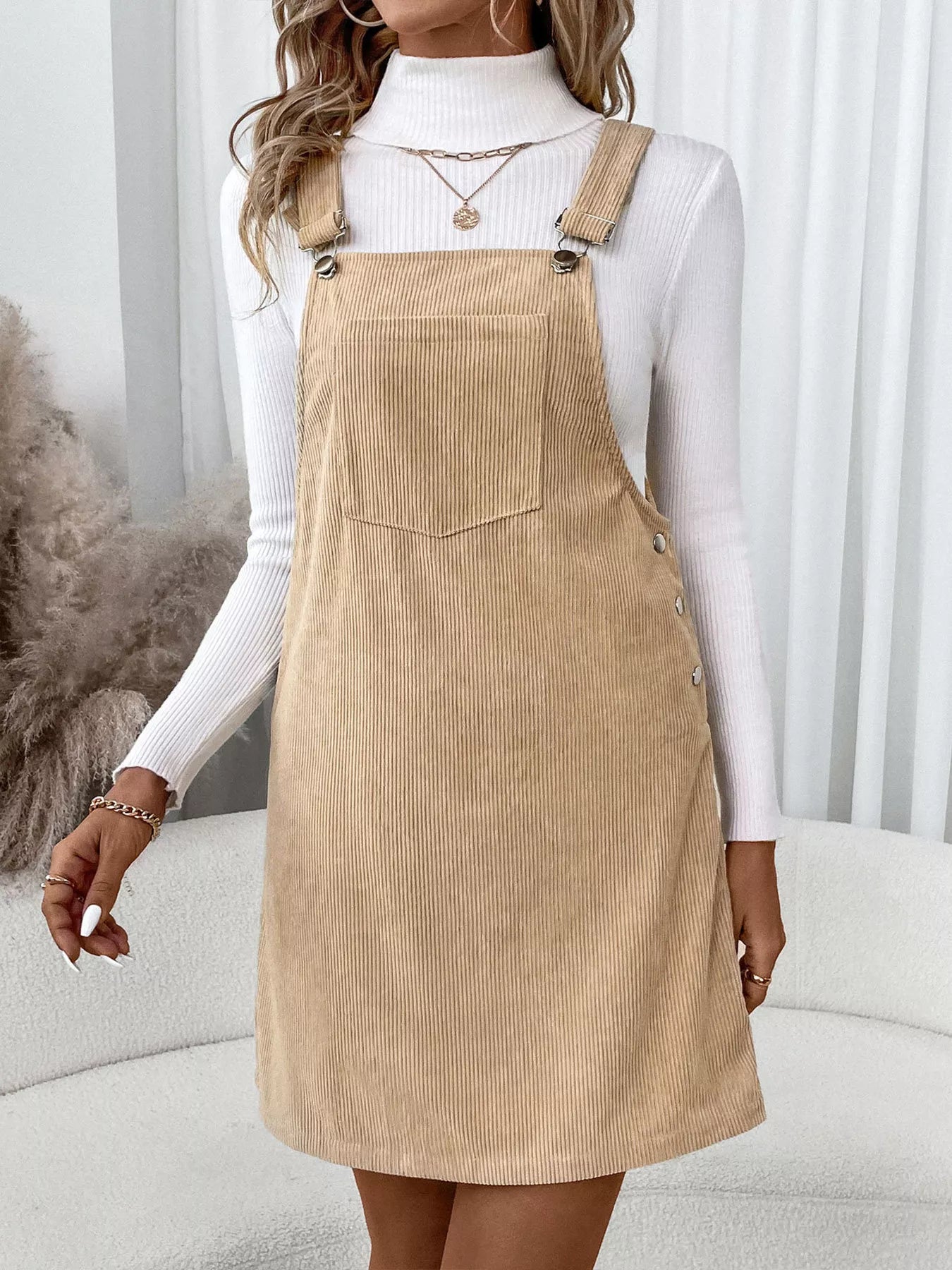 Casual Corduroy Overall Dress Tan