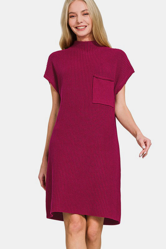 Zenana Mock Neck Short Sleeve Sweater Dress Cabernet