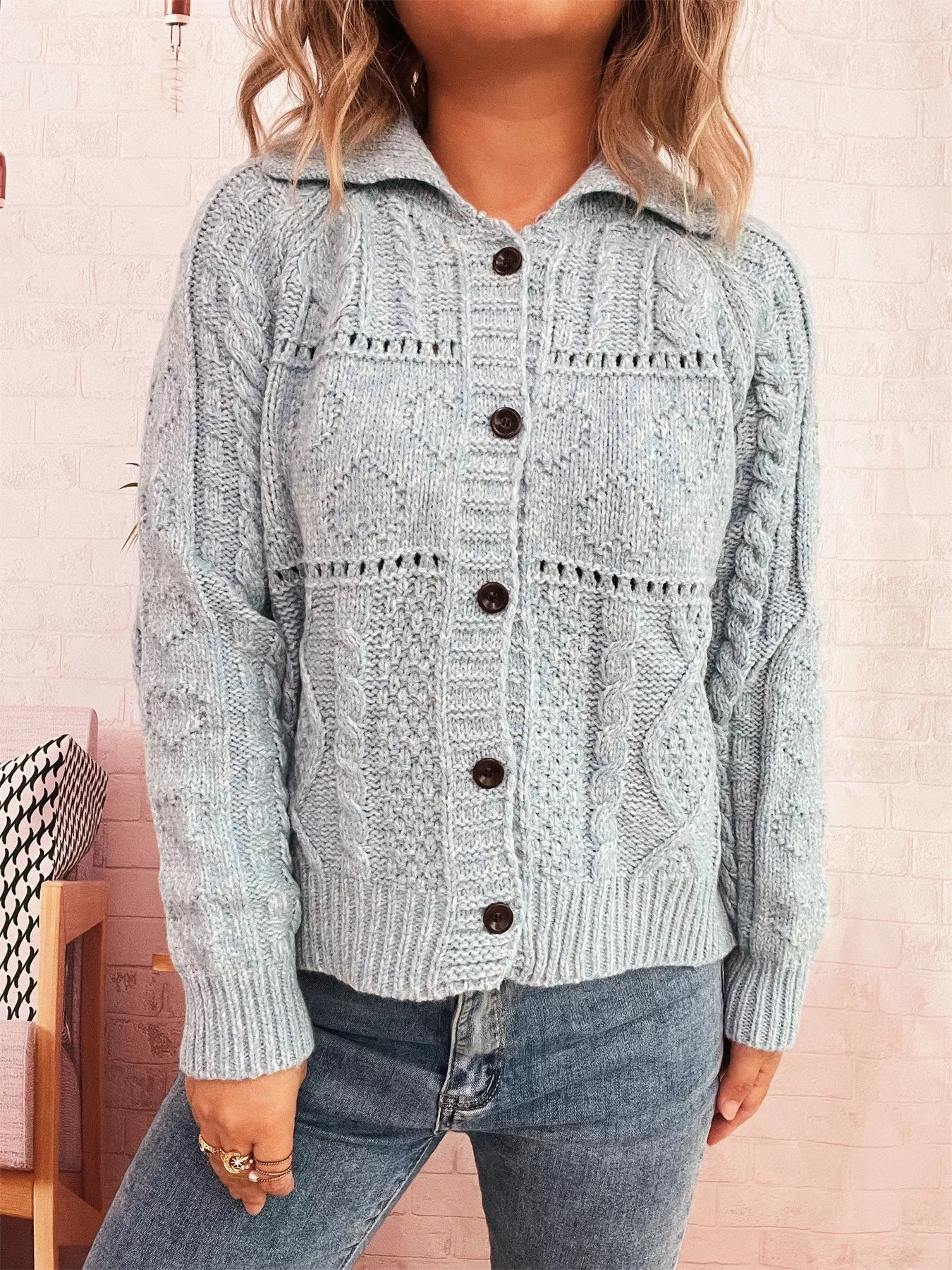 Openwork Cable Knit Button-Up Cardigan