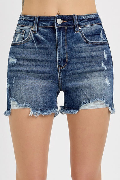 RISEN Distressed Raw Hem Denim Shorts Dark