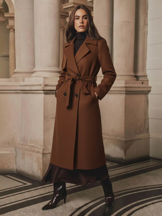Lapel Collar Belted Wool Blend Coat Brown