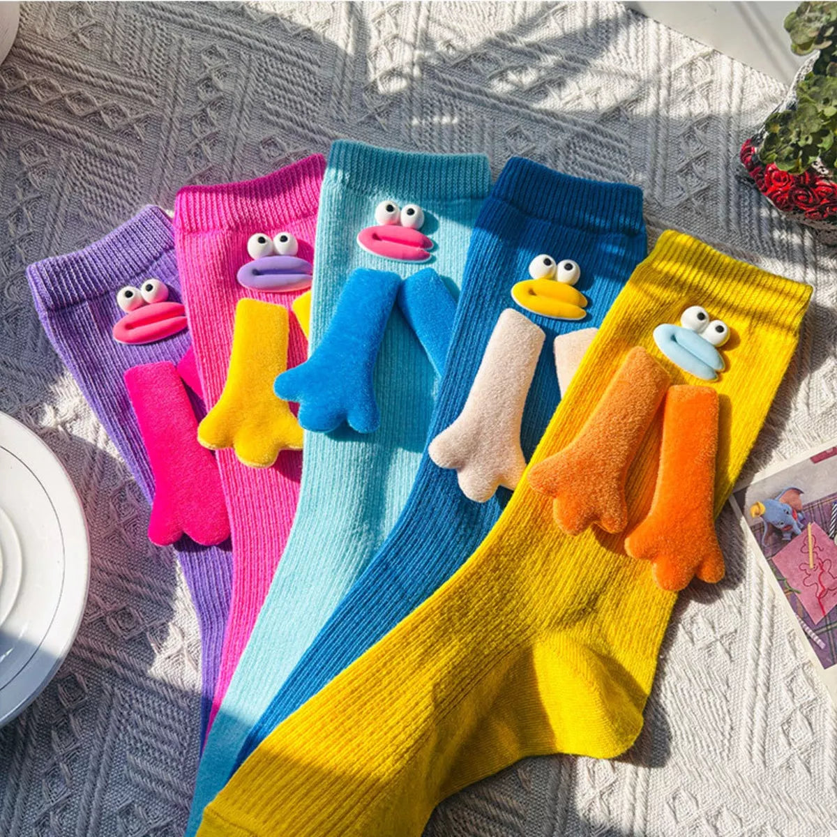 Cartoon Ribbed Knit Crew Socks Pink One Size