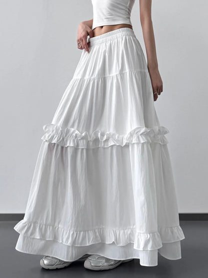 Elastic Waist Ruffle Maxi Skirt White