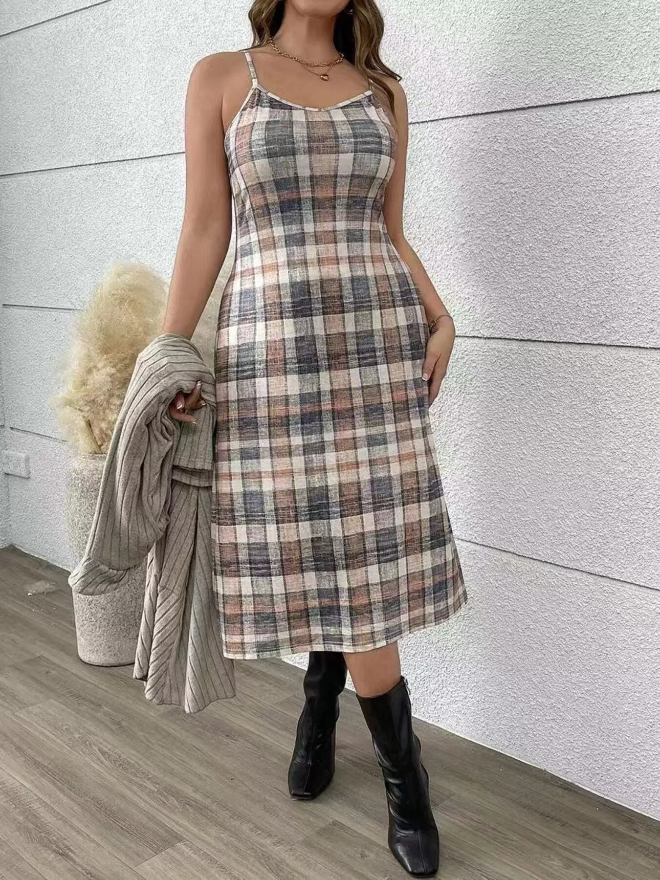 Full Size Plaid Dress & Ribbed Knit Cardigan Set Plus Size