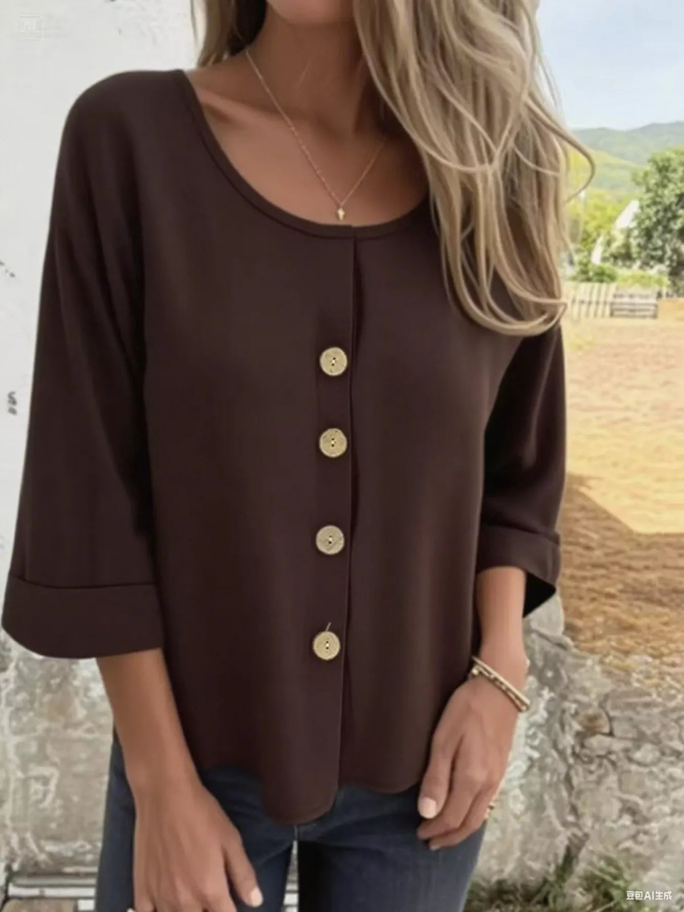 Full Size Button-Front 3/4 Sleeve Casual Blouse Plus Size Dark Brown