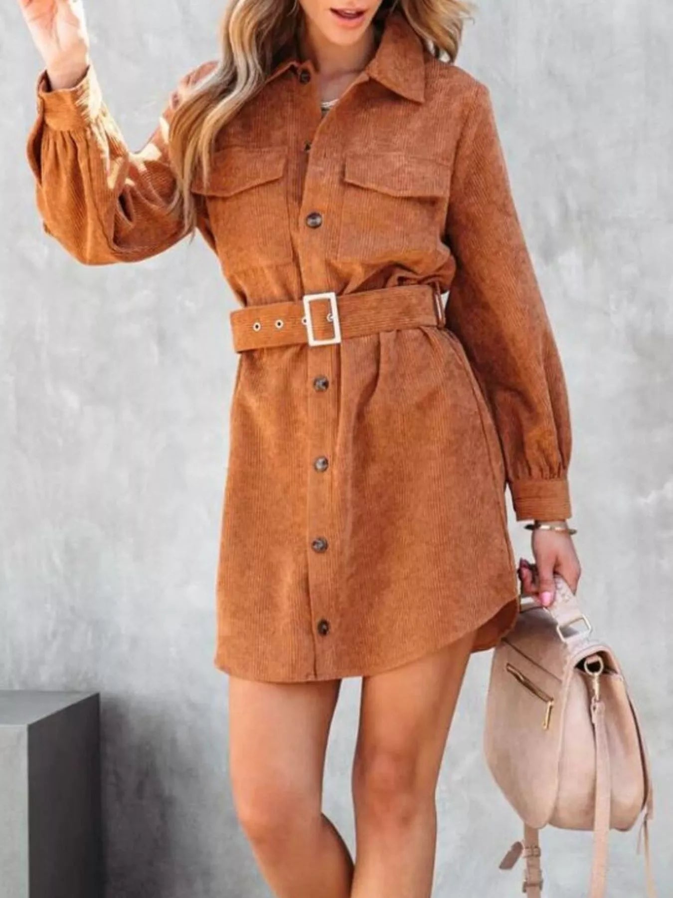 Button Front Belt Long Sleeve Corduroy Dress