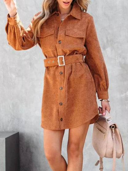 Button Front Belt Long Sleeve Corduroy Dress