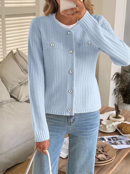 Button-Front Ribbed Long Sleeve Cardigan