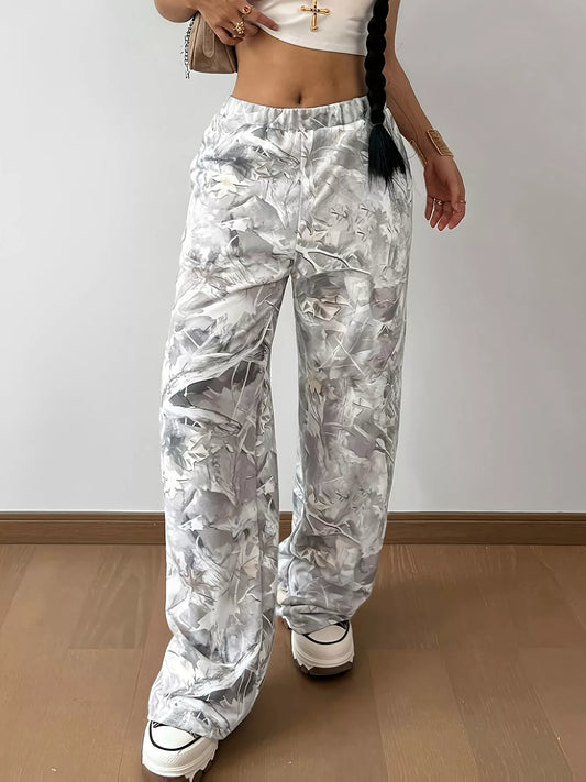 Abstract Print Wide Leg Pants Gray