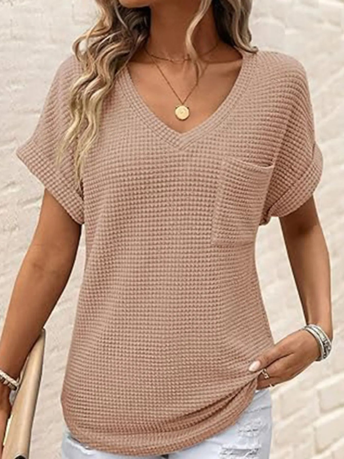Waffle Knit V-Neck Casual T-Shirt