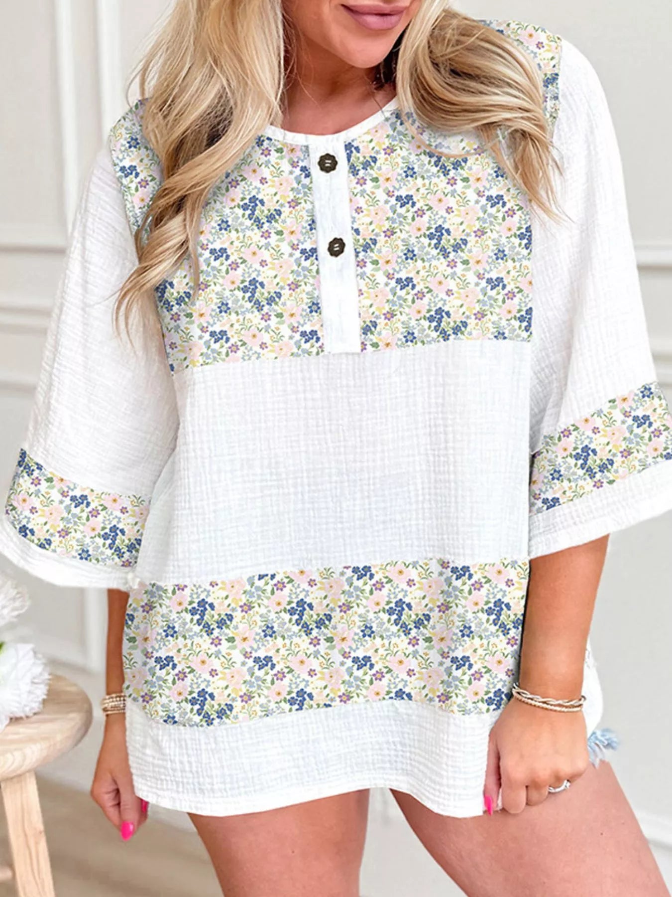 Floral Print Henley Button 3/4 Sleeve Blouse