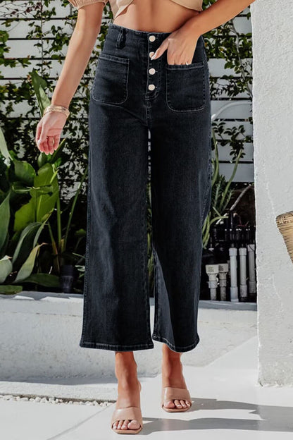 Button Fly Cropped Wide Leg Jeans Black