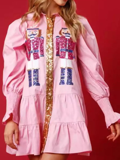 Full Size Christmas Sequin Nutcracker Tiered Shirt Dress Plus Size Pink