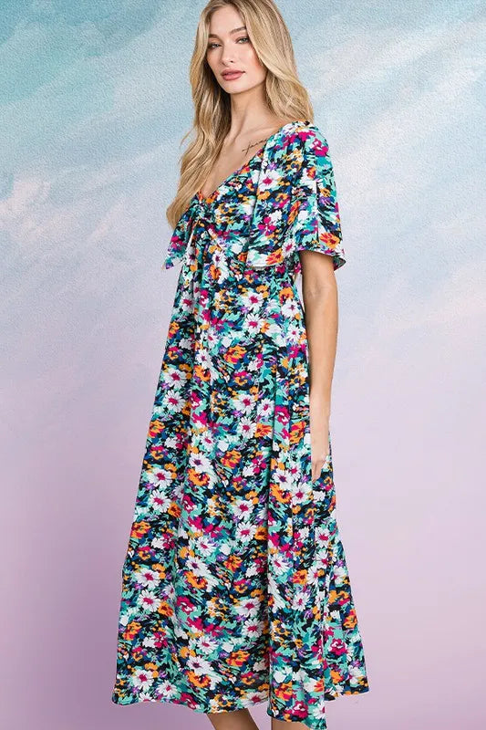Lime 'N' Chili Floral Print Sweetheart Neck Tie Front Midi Dress