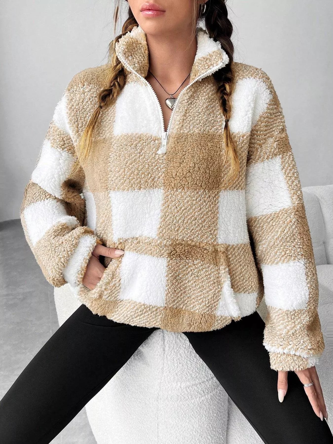 Full Size Plaid Sherpa Long Sleeve Sweatshirt Plus Size