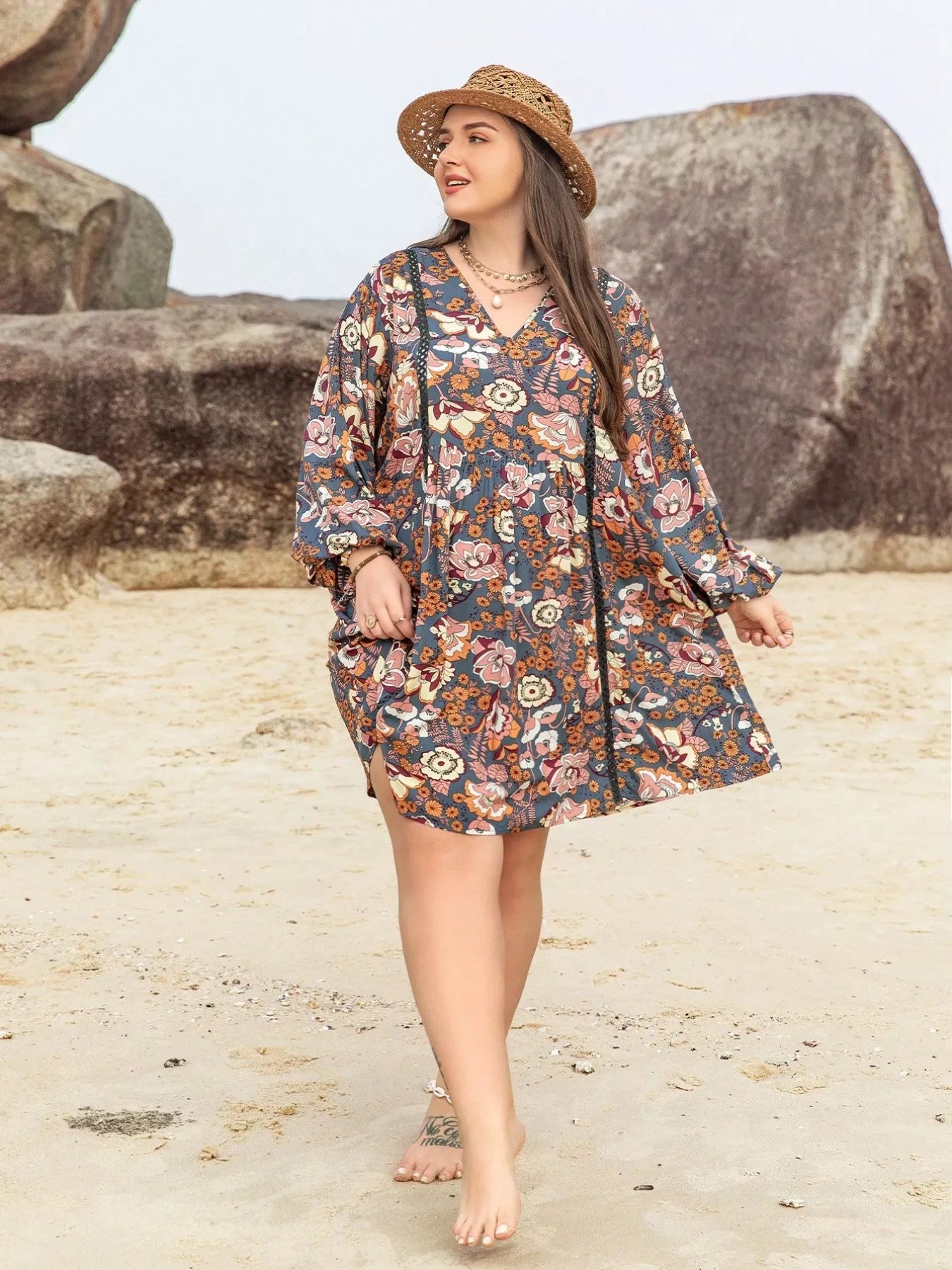 Plus Size Floral Print Long Sleeve Mini Dress