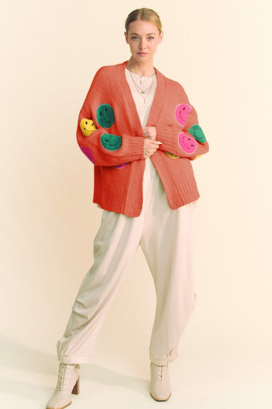 Back To School Sweater - Davi & Dani Fuzzy Smile Open Front Long Sleeve Cardigan