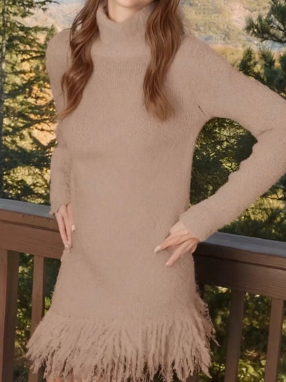 Fringe Turtleneck Long Sleeve Sweater Dress