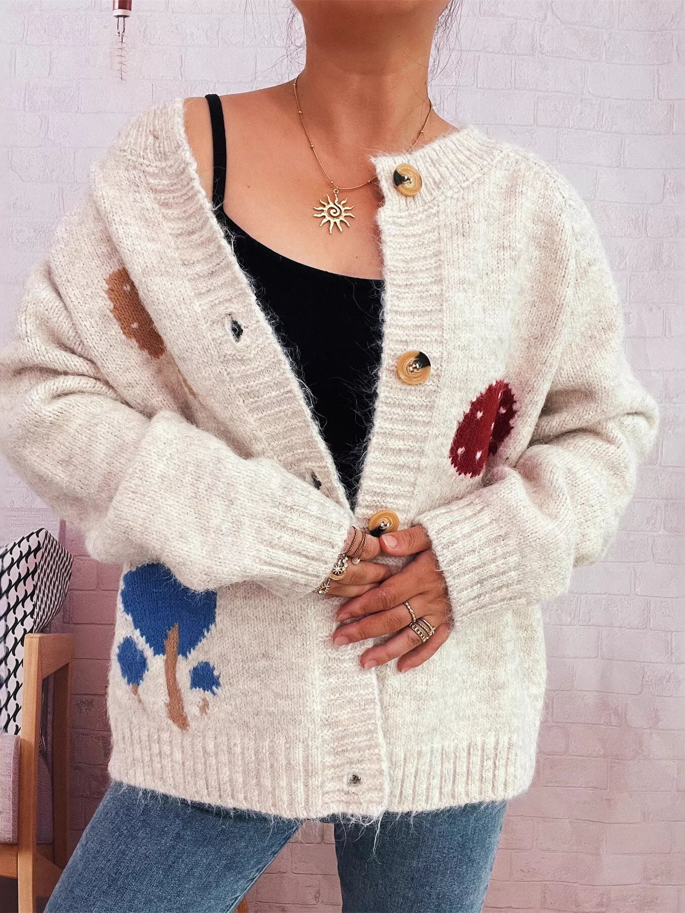 Mushroom Pattern Button-Up Cozy Knit Cardigan