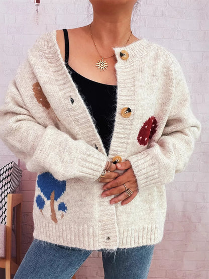 Mushroom Pattern Button-Up Cozy Knit Cardigan