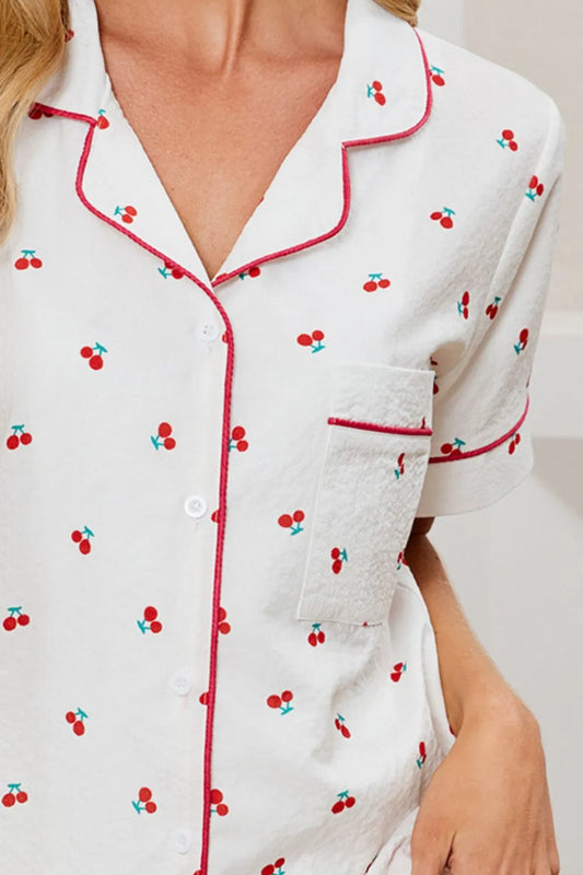 Cheery Print Collared Neck Top and Shorts Lounge Set