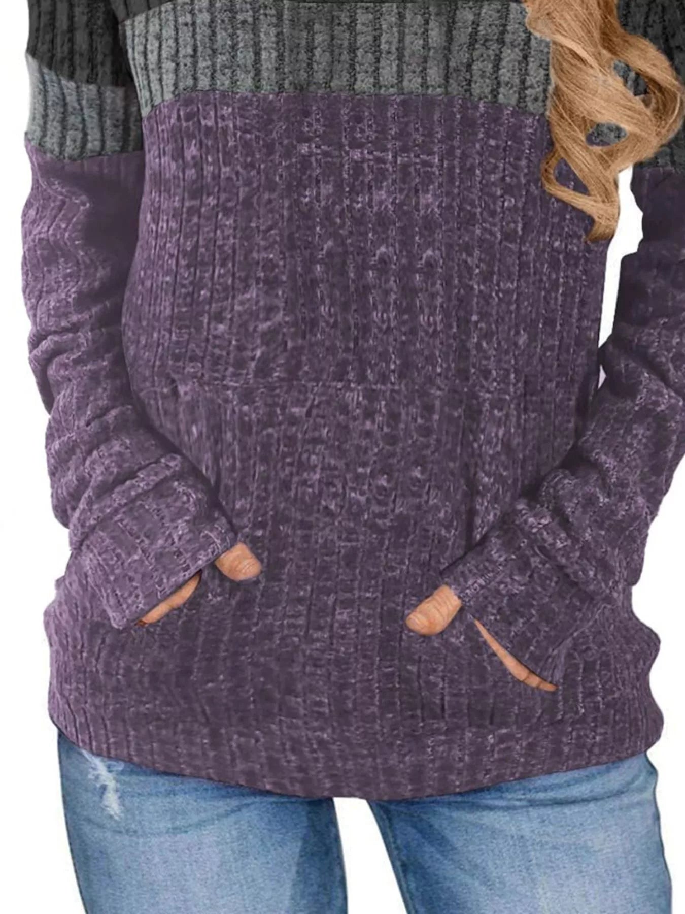 Full Size Color Block Ribbed Knit Hoodie Plus Size