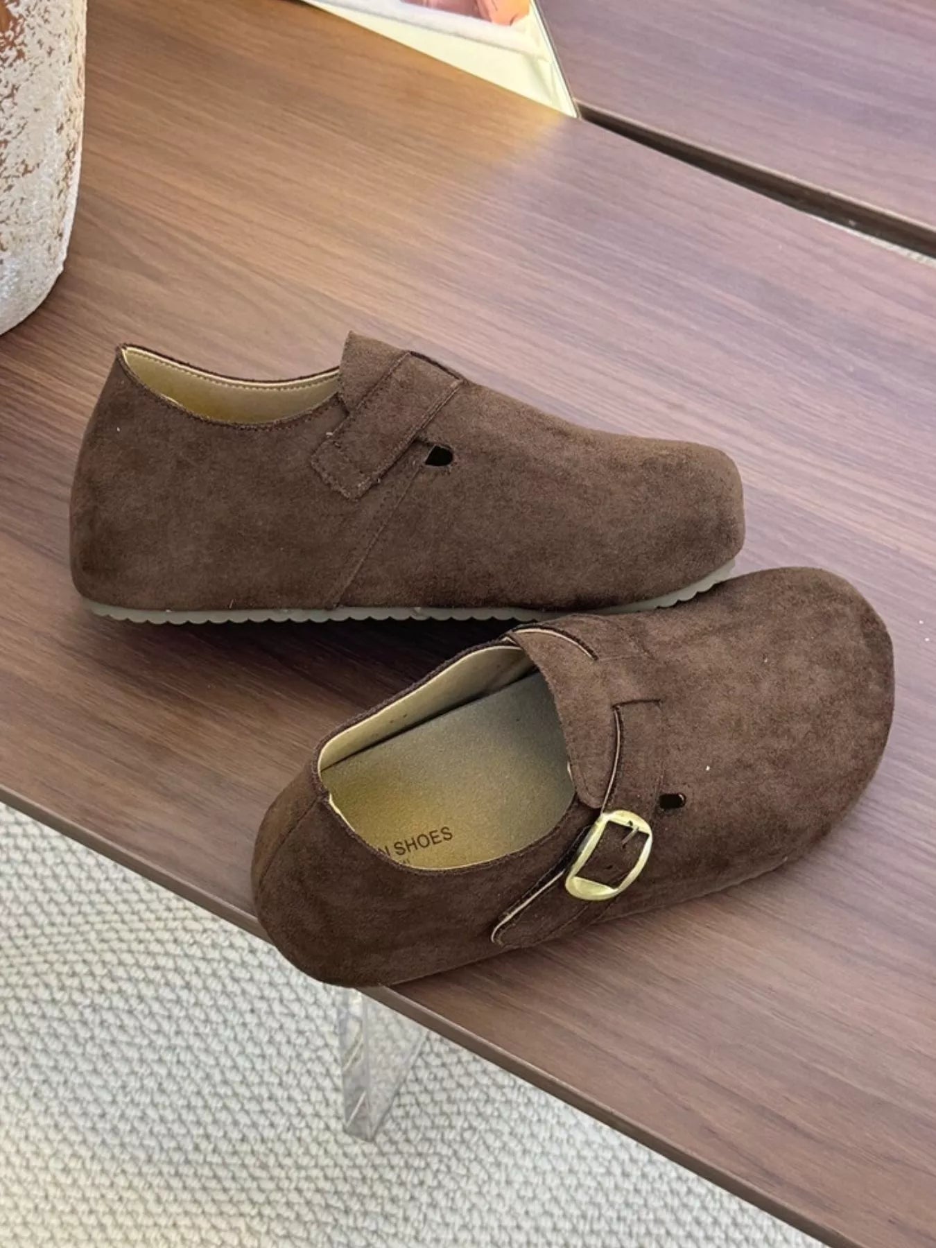 Suede Buckle Slip-Ons Brown