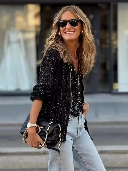 Sequin Zip Up Long Sleeve Jacket Black